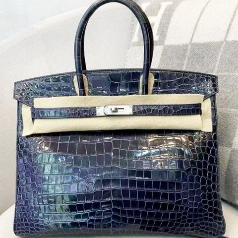 Birkin 35 Blue Tempete Shiny Porosus