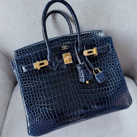 Birkin 25 Blue Marine Shiny Porosus
