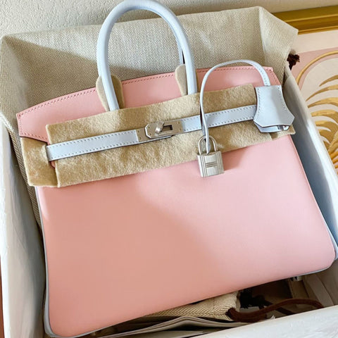 Birkin 25 Rose Sakura/Blue Brume Swift