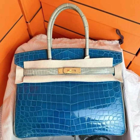 Birkin 30 Blue Izmir/Gris Tourterelle Shiny Niloticus
