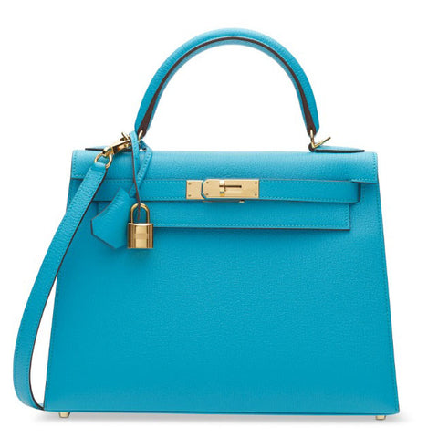 Kelly 28 Sellier Turquoise/Gris Perle Chevre