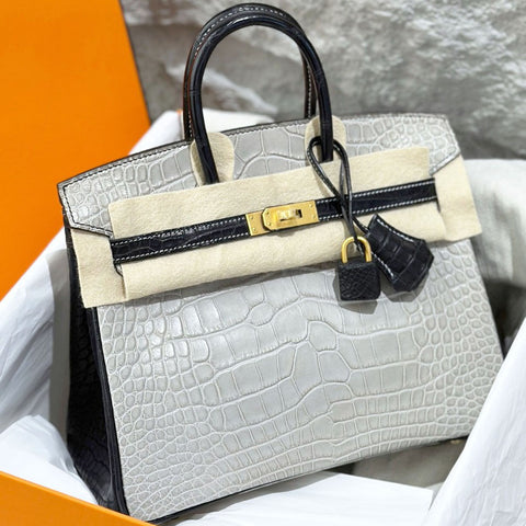 Birkin 25 Gris Perle/Black Matte Alligator
