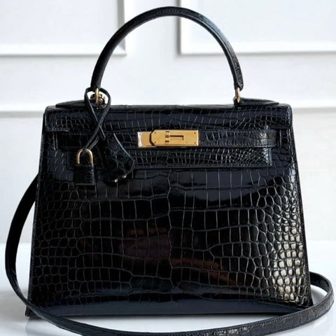Kelly 28 Sellier Black Shiny Porosus