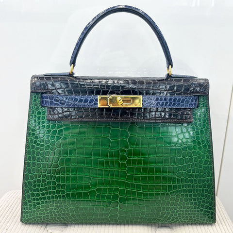 Kelly 28 Sellier Vert Emerald Shiny Porosus