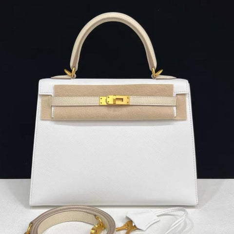 Kelly 25 Sellier White/Trench Epsom
