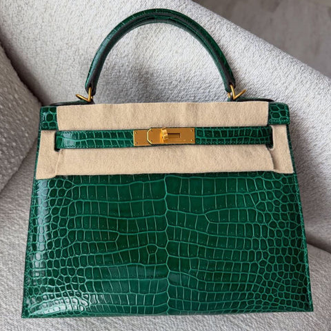 Kelly 28 Sellier Vert Emerald Shiny Porosus