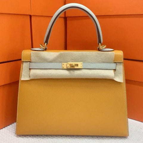 Kelly 25 Sellier Jaune d'Or/Gris Perle Chevre