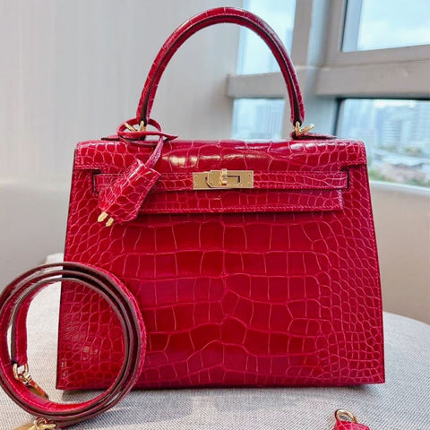 Kelly 25 Sellier Braise Shiny Alligator
