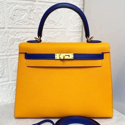 Kelly 25 Sellier Jaune d'Or/Blue Electric Epsom
