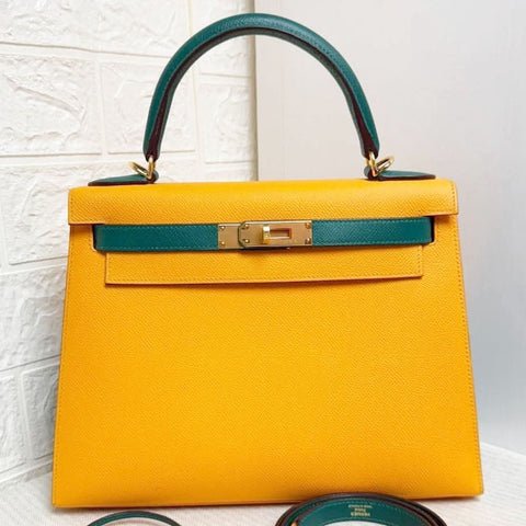 Kelly 28 Sellier Jaune d'Or/Malachite Epsom