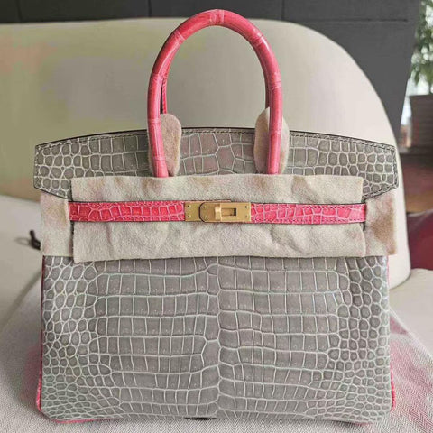 Birkin 25 Gris Tourterelle/Rose Extreme Shiny Porosus