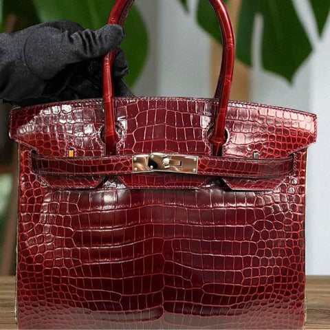 Birkin 30 Bordeaux/Gris Tourterelle Shiny Porosus