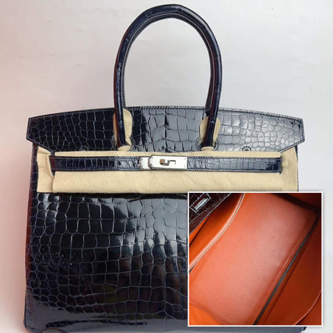 Birkin 35 Verso Blue Marine/Cuivre Shiny Porosus