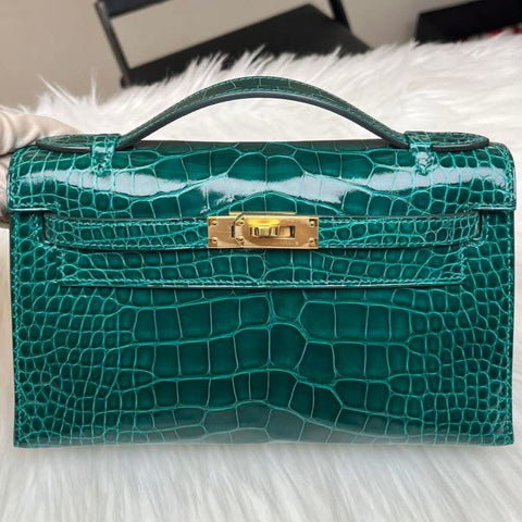 Kelly Pochette Vert Emerald Shiny Alligator