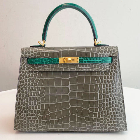 Kelly 25 Sellier Gris Tourterelle/Vert Emerald Shiny Alligator