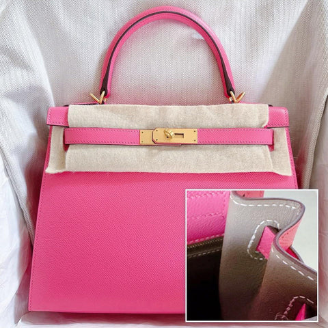 Kelly 28 Sellier Rose Azalee/Etoupe Epsom