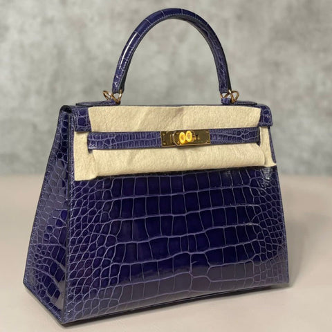 Kelly 28 Sellier Blue Encre Shiny Alligator