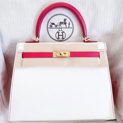 Kelly 25 Sellier White/Rouge Casaque Epsom