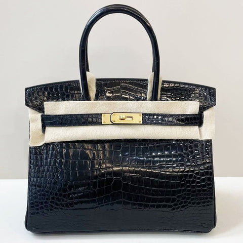 Birkin 30 Black Shiny Porosus