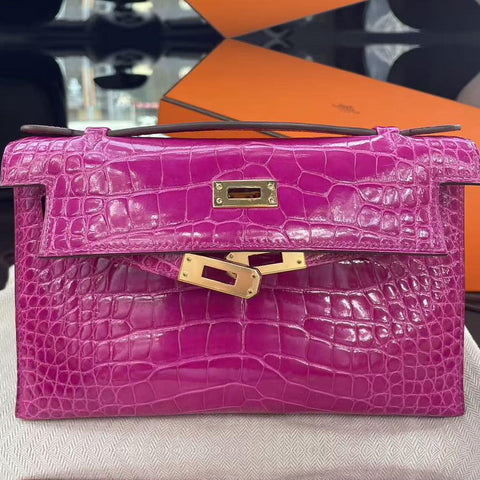 Kelly Pochette Rose Scheherazade Shiny Alligator