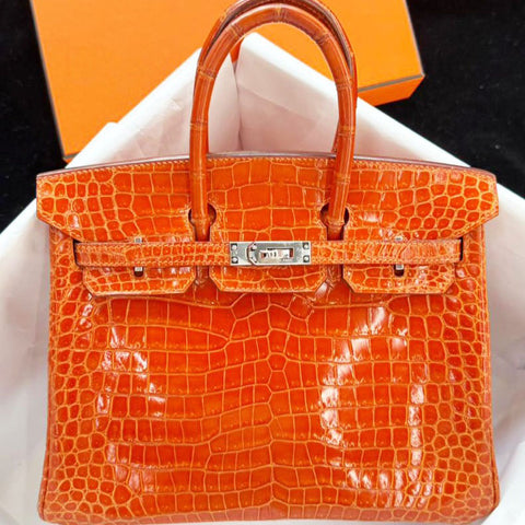 Birkin 25 Orange Shiny Porosus