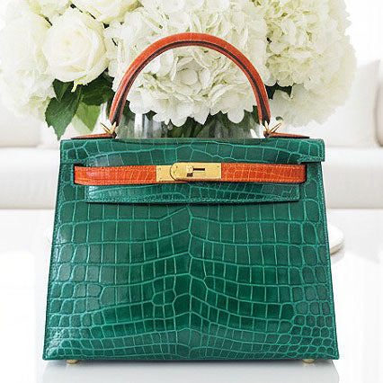 Kelly 28 Sellier Vert Emerald/Poppy Shiny Niloticus