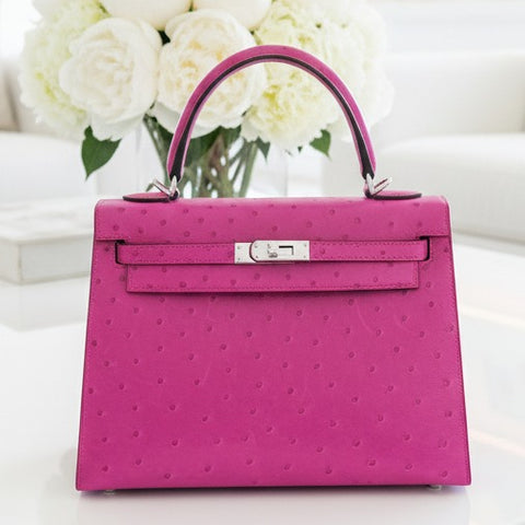 Kelly 25 Sellier Rose Tyrien Ostrich