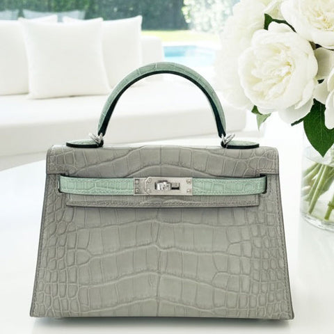 Kelly Mini Gris Perle/Vert d'Eau Matte Alligator
