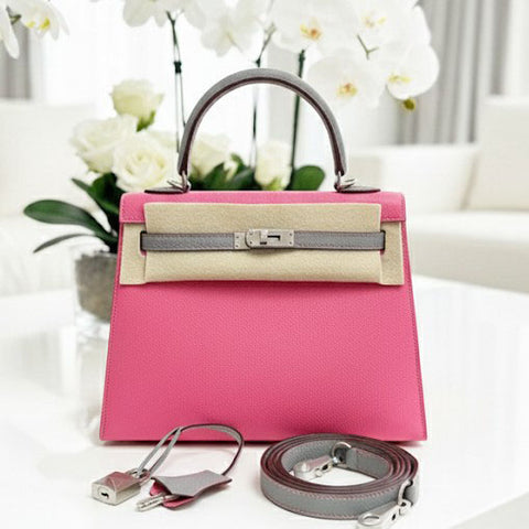 Kelly 25 Sellier Rose Azalee/Gris Mouette Epsom