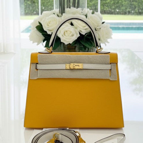 Kelly 25 Sellier Jaune d'Or/Craie Epsom
