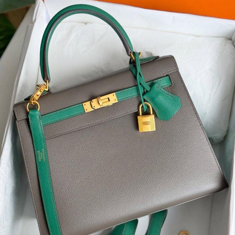 Kelly 25 Sellier Etain/Vert Vertigo Epsom