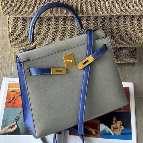 Kelly 28 Sellier Gris Mouette/Blue Electric Epsom