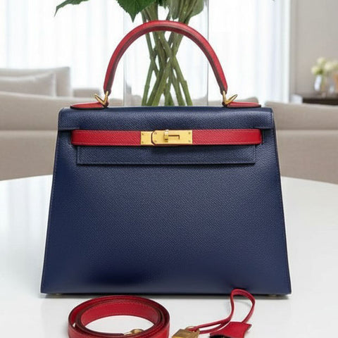 Kelly 28 Sellier Blue Sapphire/Rouge Casaque Epsom