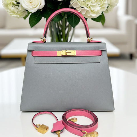 Kelly 28 Sellier Gris Mouette/Rose Azalee Epsom