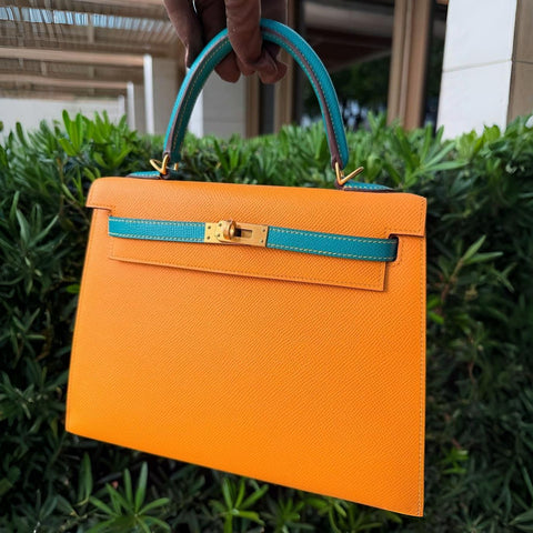 Kelly 25 Sellier Jaune d'Or/Blue Paon Epsom Brushed