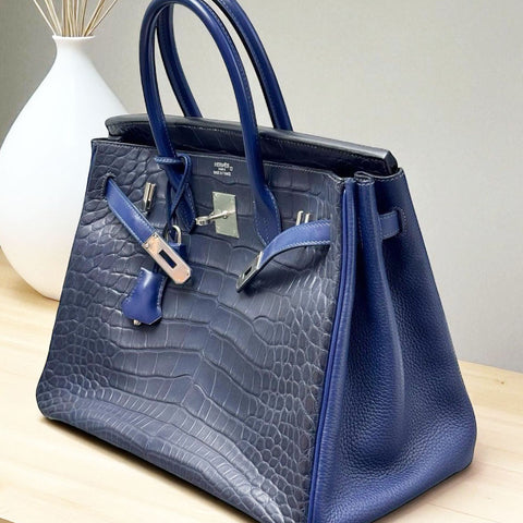 Birkin 35 Blue Indigo/Blue Sapphire Matte Alligator/Box/Clemence