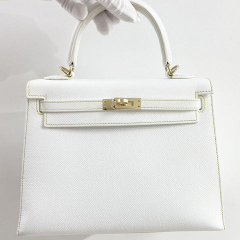 Kelly 25 Sellier White/Gris Perle Epsom