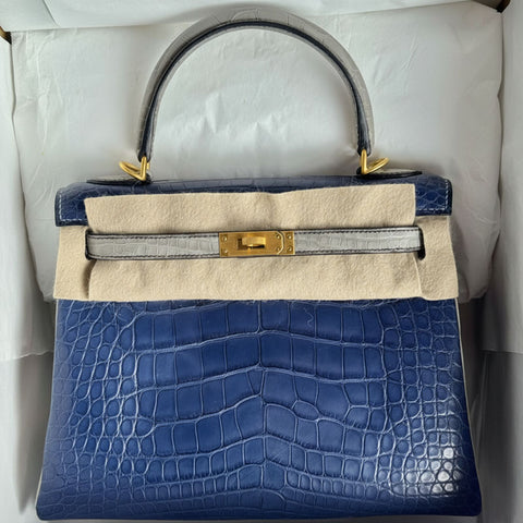 Kelly 25 Blue Sapphire/Gris Perle Matte Alligator