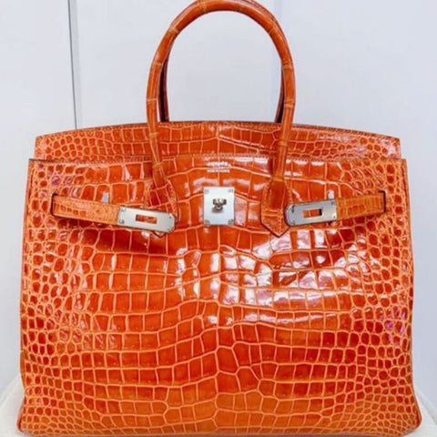 Birkin 35 Orange Shiny Porosus