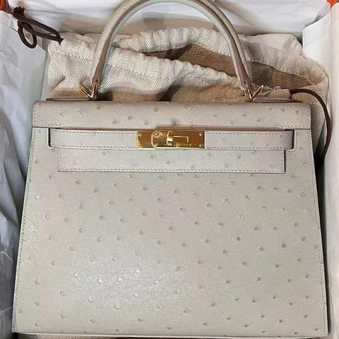 Kelly 28 Sellier Gris Perle Ostrich