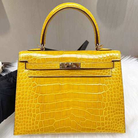 Kelly 25 Sellier Jaune Ambre Shiny Alligator