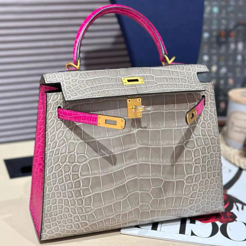 Kelly 25 Sellier Gris Tourterelle/Rose Scheherazade Shiny Alligator