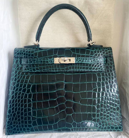 Kelly 25 Sellier Vert Cypress Shiny Alligator