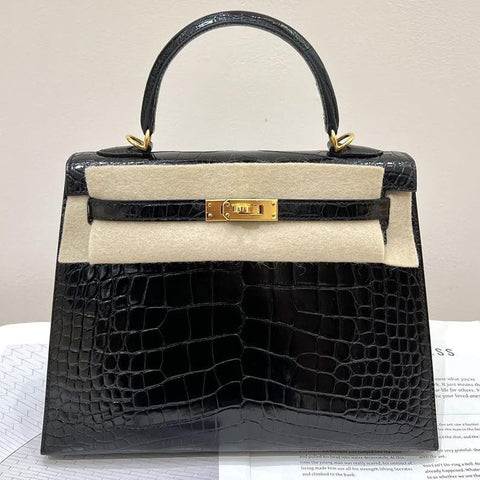 Kelly 25 Sellier Black Shiny Alligator