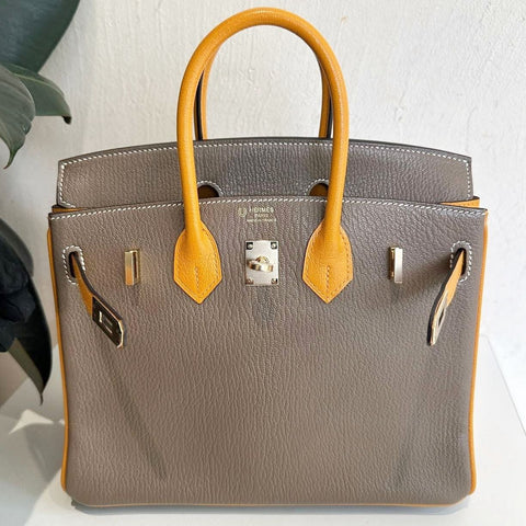 Birkin 25 Etoupe/Jaune d'Or Chevre