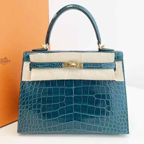 Kelly 25 Sellier Vert Bosphore Shiny Alligator