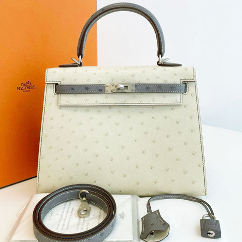Kelly 25 Sellier Beton/Gris Agate Ostrich