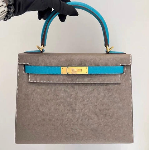 Kelly 28 Sellier Etoupe/Turquoise Epsom