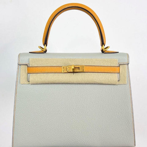 Kelly 25 Sellier Gris Perle/Jaune d'Or Chevre