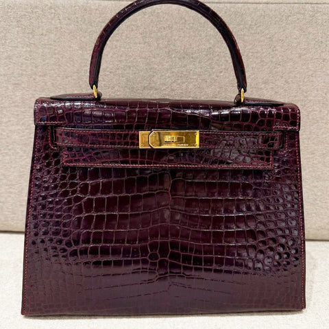 Kelly 28 Sellier Bordeaux Shiny Alligator